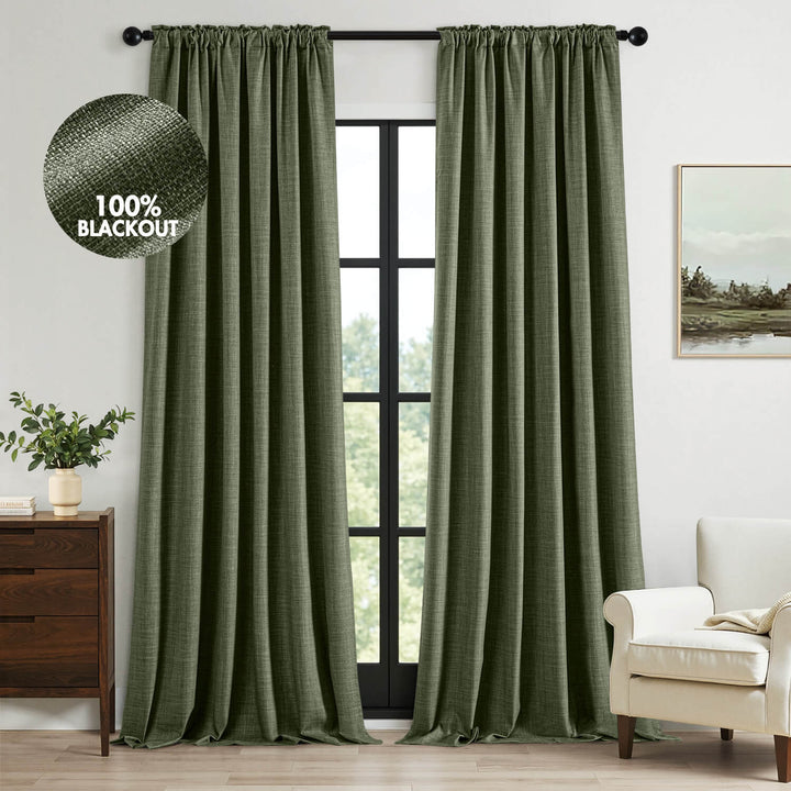 Thick Faux Linen Back Tab Pleat 100% Blackout Curtains Olive Green 50Wx96L-inch