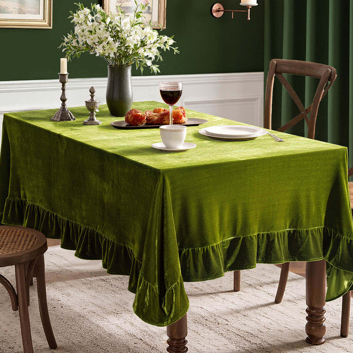 Wrinkle-Resistant Velvet Tablecloth with Ruffle Edge Olive Green 84Lx60-inch