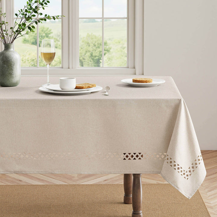 Linen Cutouts Waterproof Stain Resistant Shrink-Proof TableCloth Beige 144Lx60W-inch
