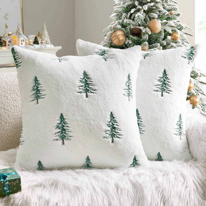 Embroidered Christmas Tree Pillow Covers White Green 18x18-inch