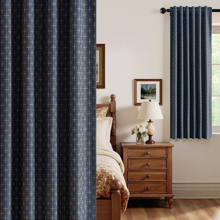 Blackout Linen Curtains with Geometric Pattern Blue 52Wx63L