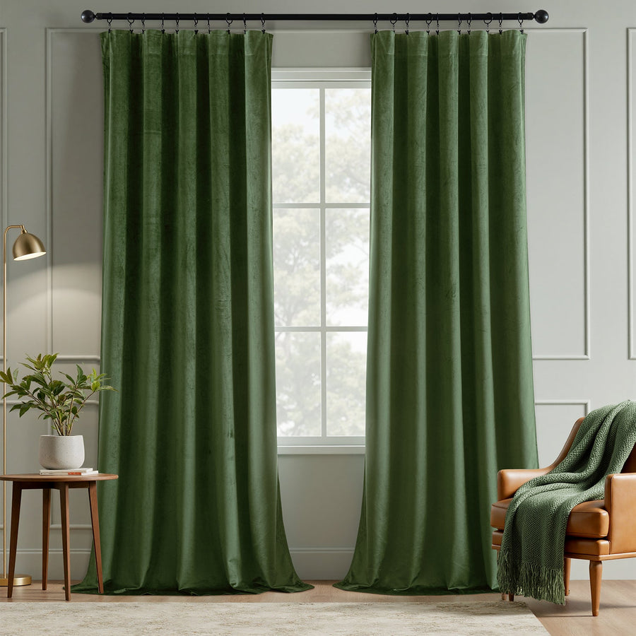 Luxury Rod Pocket Velvet Drapes Thermal Insulated Blackout Curtains Olive Green 40Wx90L