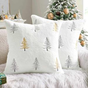 Embroidered Christmas Tree Pillow Covers White Gold 18x18-inch