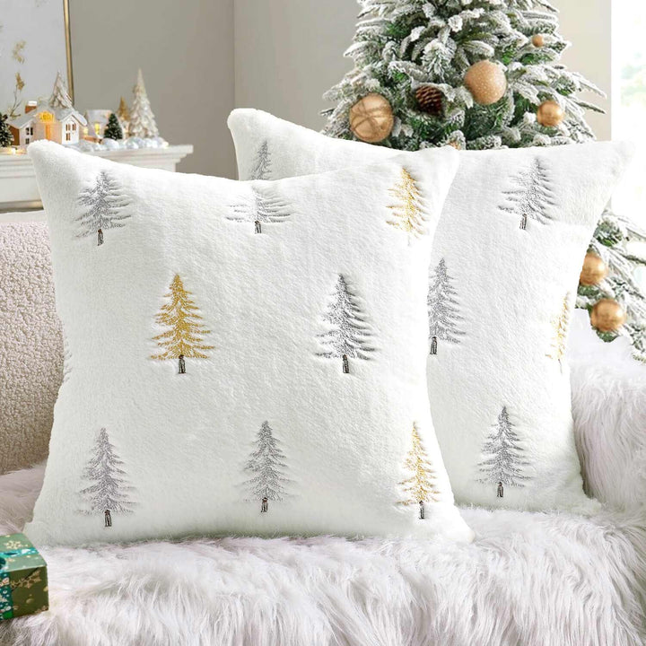 Embroidered Christmas Tree Pillow Covers White Gold 18x18-inch