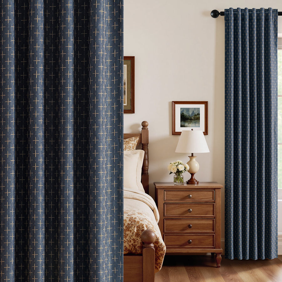Blackout Linen Curtains with Geometric Pattern Blue 52Wx84L