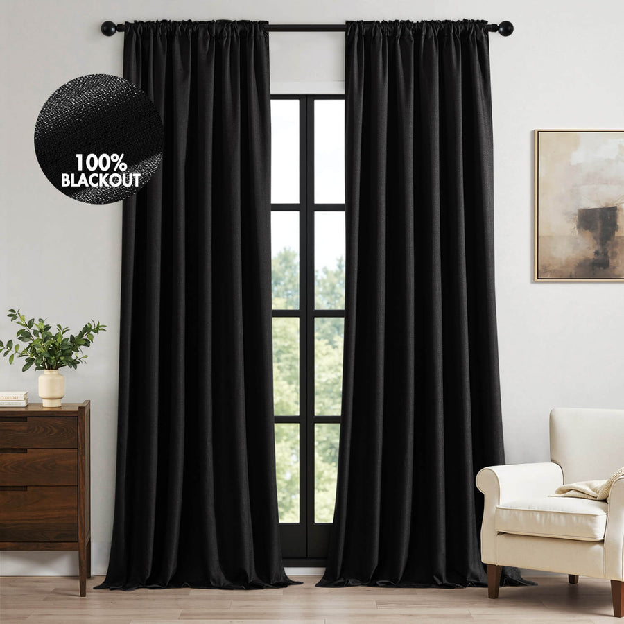 Thick Faux Linen Back Tab Pleat 100% Blackout Curtains Black 50Wx84L-inch