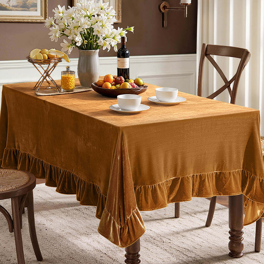 Wrinkle-Resistant Velvet Tablecloth with Ruffle Edge Gold 120Lx60-inch
