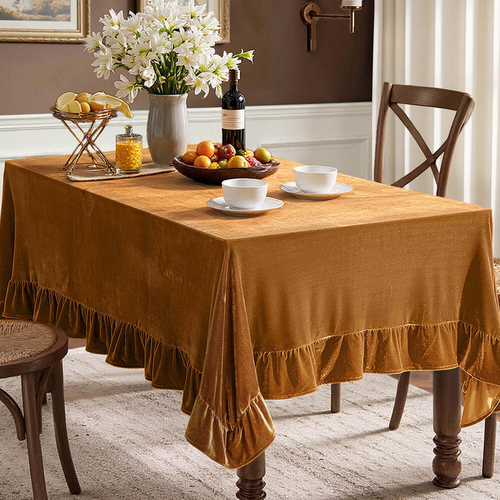Wrinkle-Resistant Velvet Tablecloth with Ruffle Edge Gold 84Lx60-inch