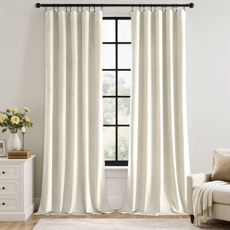 Luxury Rod Pocket Velvet Drapes Thermal Insulated Blackout Curtains Ivory 40Wx90L