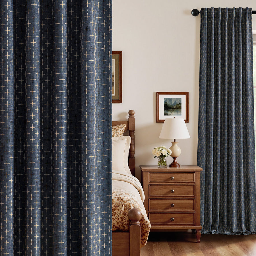 Blackout Linen Curtains with Geometric Pattern Blue 52Wx90L