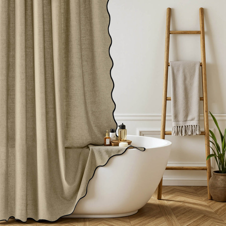Linen Scalloped Shower Curtain Khaki 72Wx72L