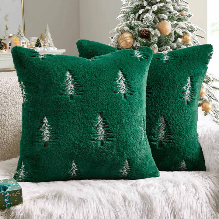 Embroidered Christmas Tree Pillow Covers Green White 18x18-inch