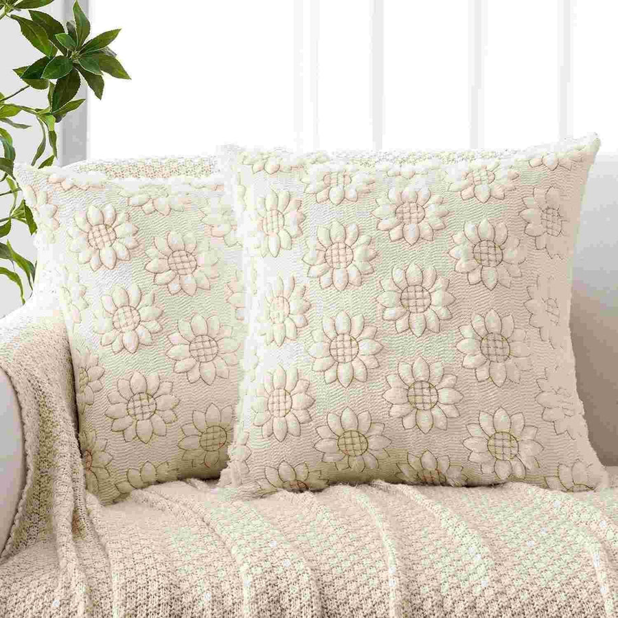 Flower Sunflower Daisy Summer Farmhouse Pillow Covers Cream White 18x18 Pack of 2