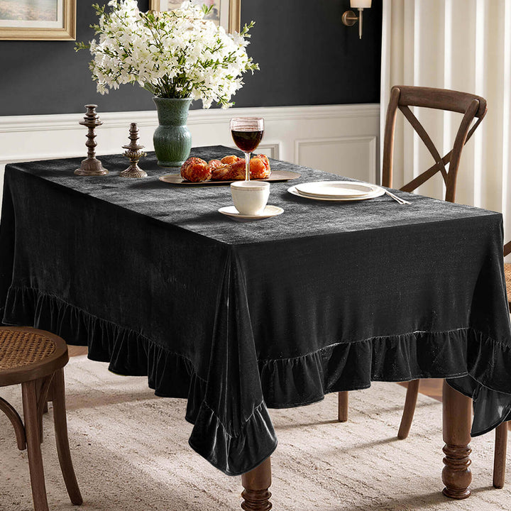 Wrinkle-Resistant Velvet Tablecloth with Ruffle Edge Black 84Lx60-inch