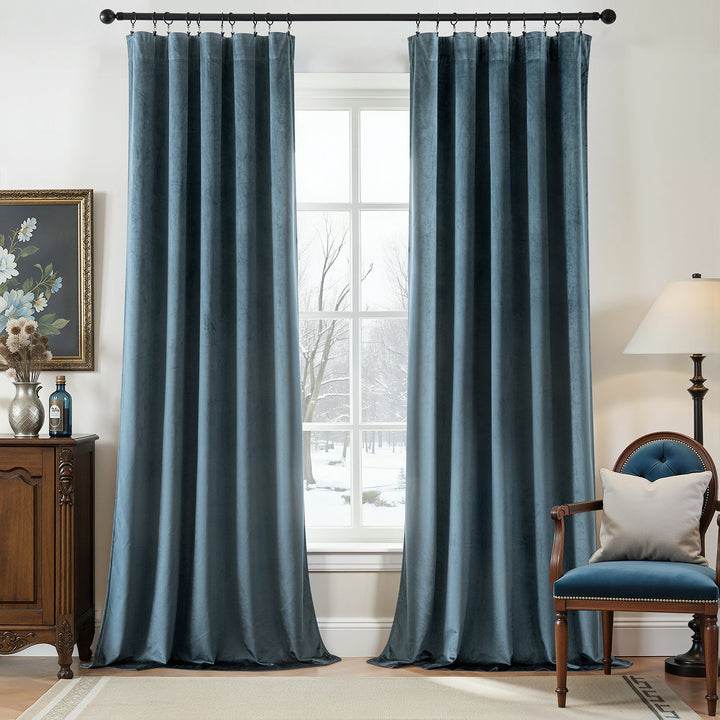 Luxury Rod Pocket Velvet Drapes Thermal Insulated Blackout Curtains Stone Blue 40Wx84L