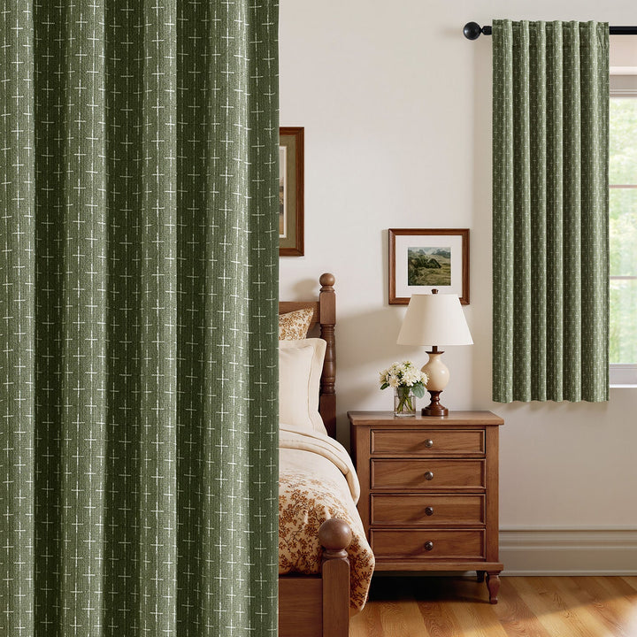Blackout Linen Curtains with Geometric Pattern Olive Green 52Wx63L