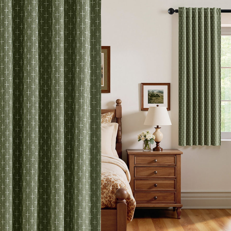 Blackout Linen Curtains with Geometric Pattern Olive Green 52Wx63L