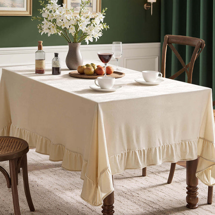 Wrinkle-Resistant Velvet Tablecloth with Ruffle Edge Beige 84Lx60-inch