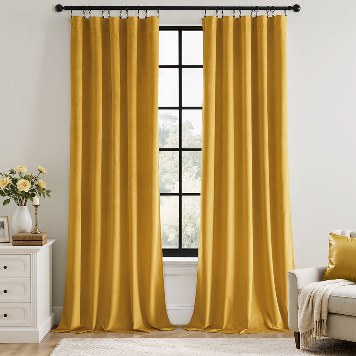 Luxury Rod Pocket Velvet Drapes Thermal Insulated Blackout Curtains Mustard Yellow 40Wx96L