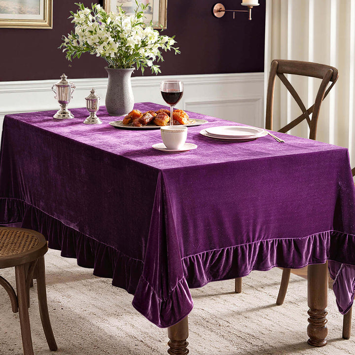 Wrinkle-Resistant Velvet Tablecloth with Ruffle Edge Purple 84Lx60-inch