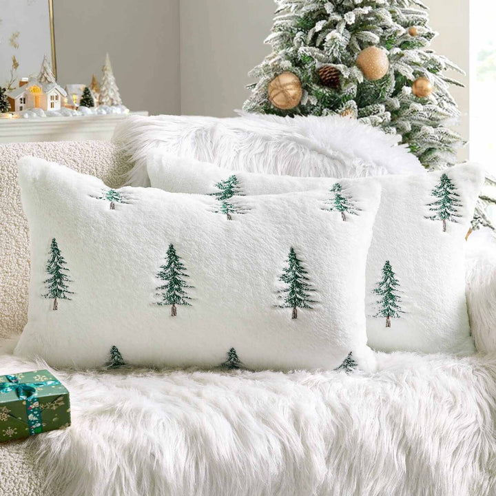 Embroidered Christmas Tree Pillow Covers White Green 20x12-inch