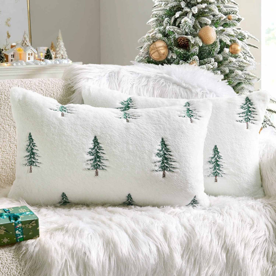 Embroidered Christmas Tree Pillow Covers White Green 20x12-inch