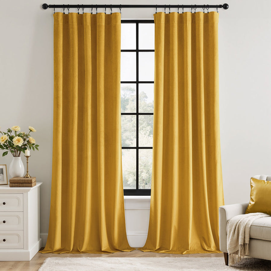 Luxury Rod Pocket Velvet Drapes Thermal Insulated Blackout Curtains Mustard Yellow 40Wx90L
