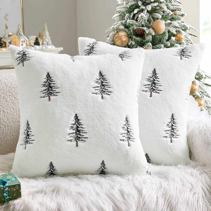 Embroidered Christmas Tree Pillow Covers White Black 18x18-inch