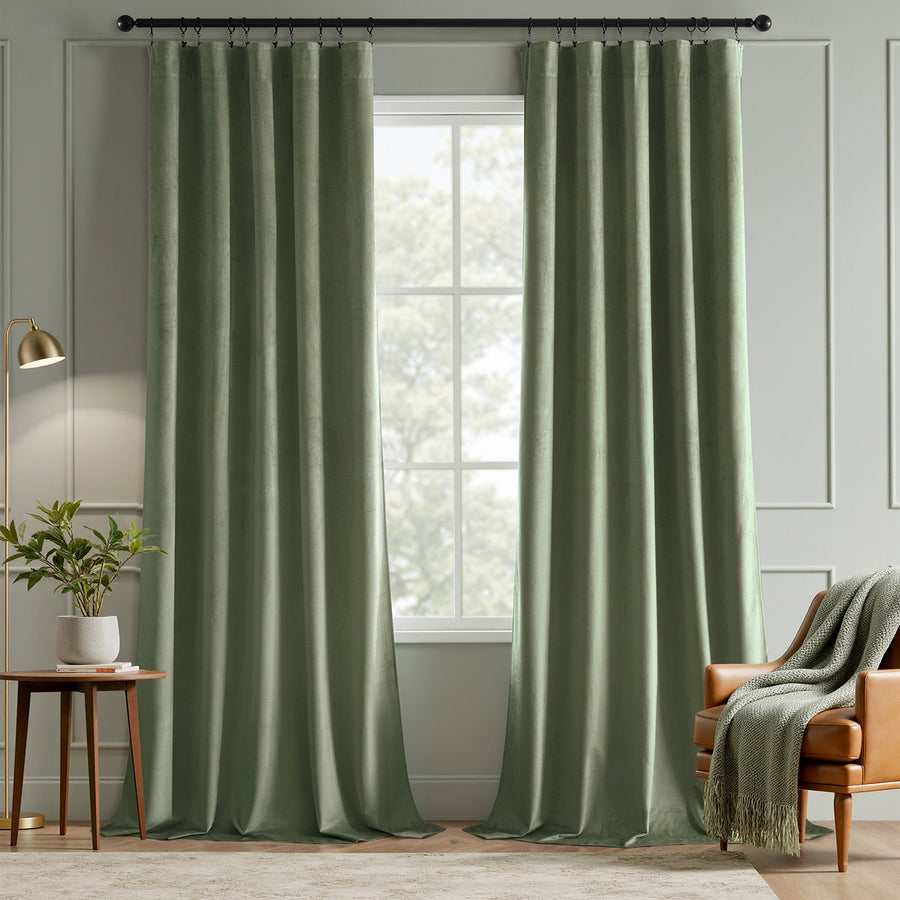 Luxury Rod Pocket Velvet Drapes Thermal Insulated Blackout Curtains Sage Green 40Wx108L