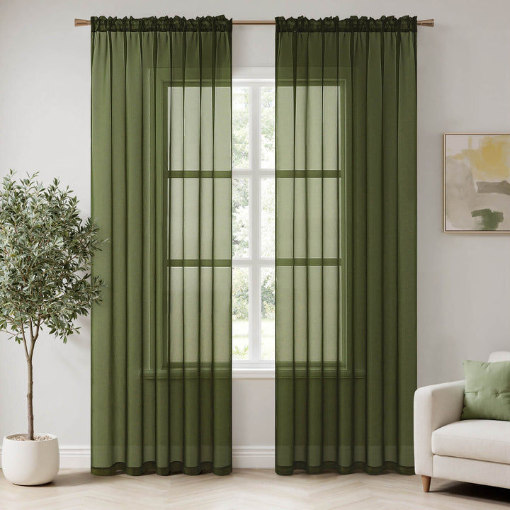 Solid Color Sheer Window Curtains Elegant Window Voile Curtains Olive Green 54Wx63L-inch