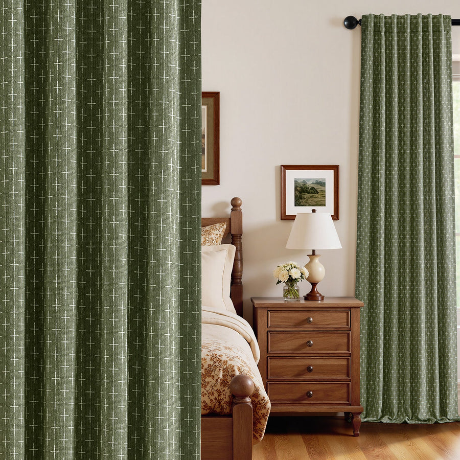 Blackout Linen Curtains with Geometric Pattern Olive Green 52Wx96L