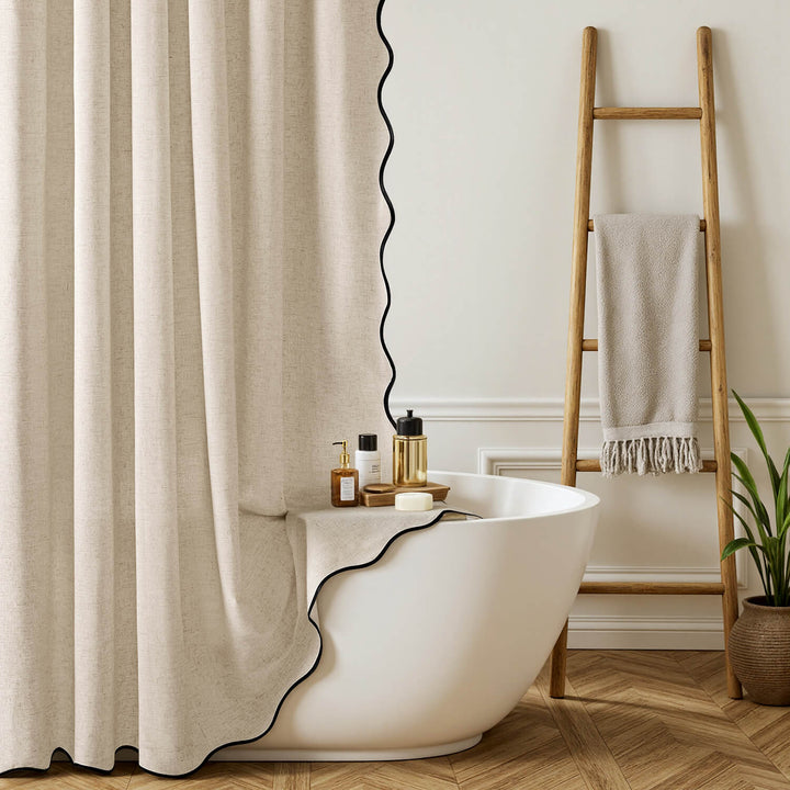 Linen Scalloped Shower Curtain Beige 72Wx72L