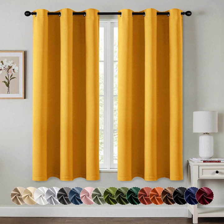 Solid Grommet Noise Reduction Light Blocking Blackout Curtains Yellow 40Wx63L-inch