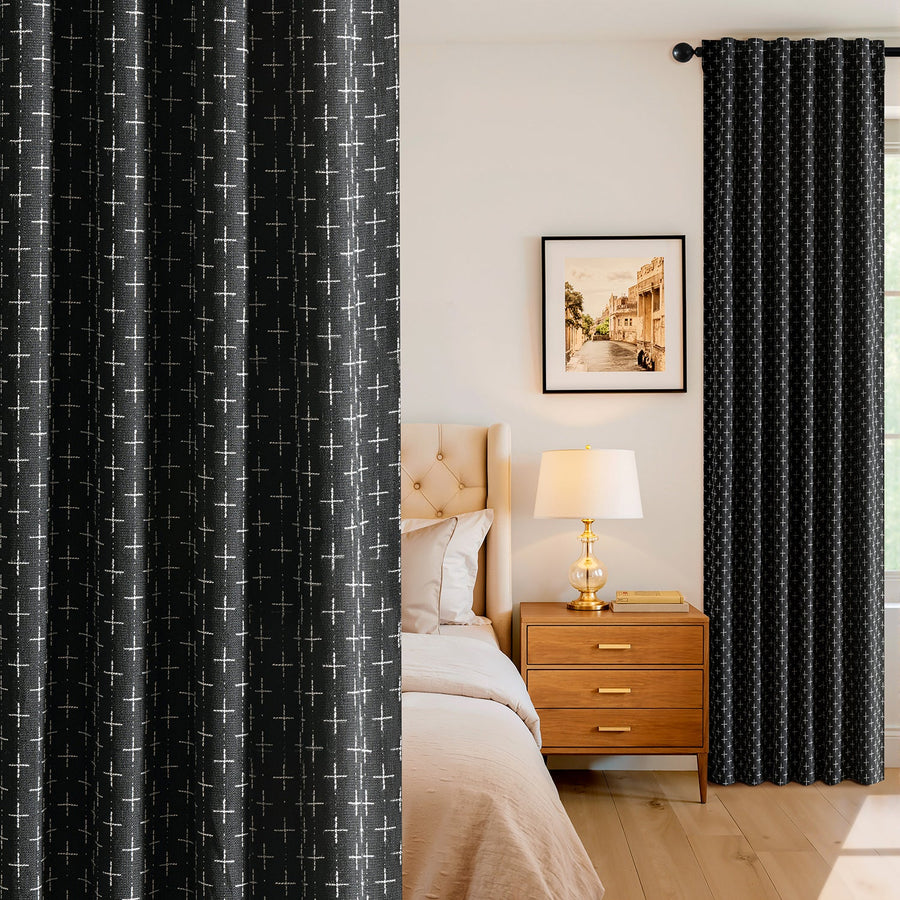 Blackout Linen Curtains with Geometric Pattern Black 52Wx84L
