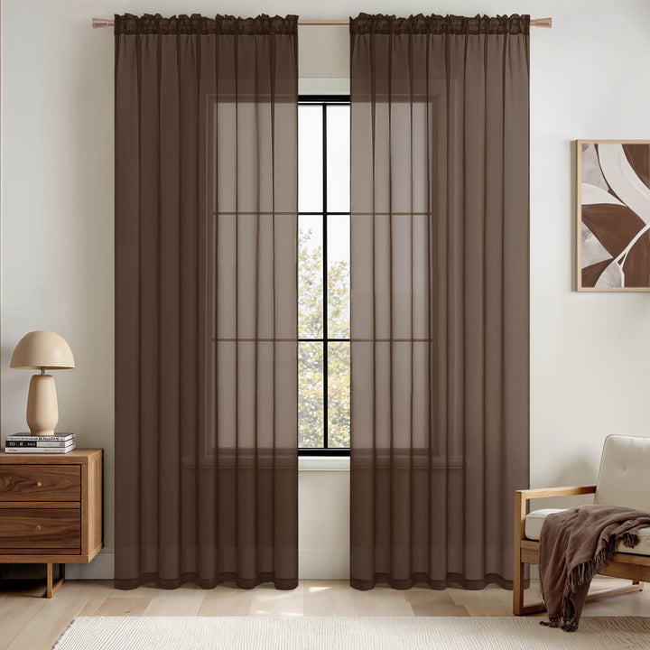 Solid Color Sheer Window Curtains Elegant Window Voile Curtains Chocolate Brown 54Wx54L-inch