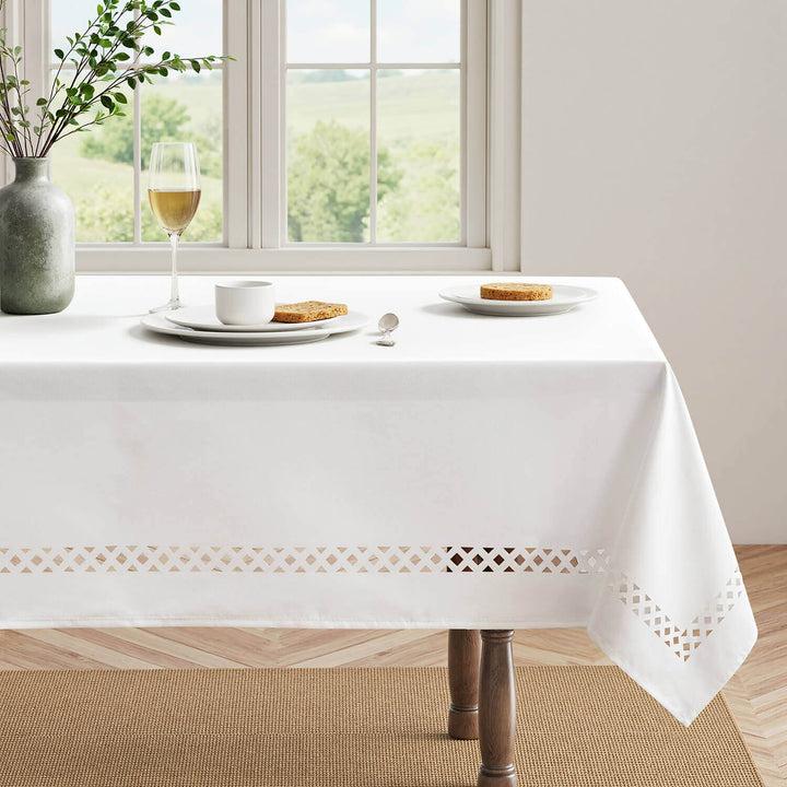 Linen Cutouts Waterproof Stain Resistant Shrink-Proof TableCloth White 84Lx60W-inch