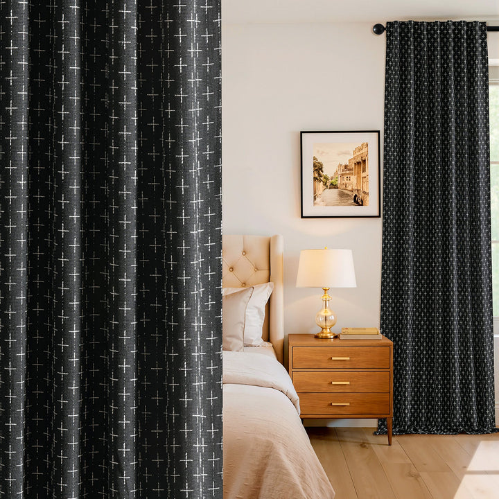 Blackout Linen Curtains with Geometric Pattern Black 52Wx96L