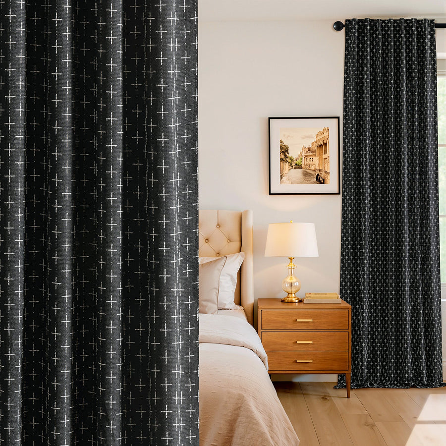 Blackout Linen Curtains with Geometric Pattern Black 52Wx96L