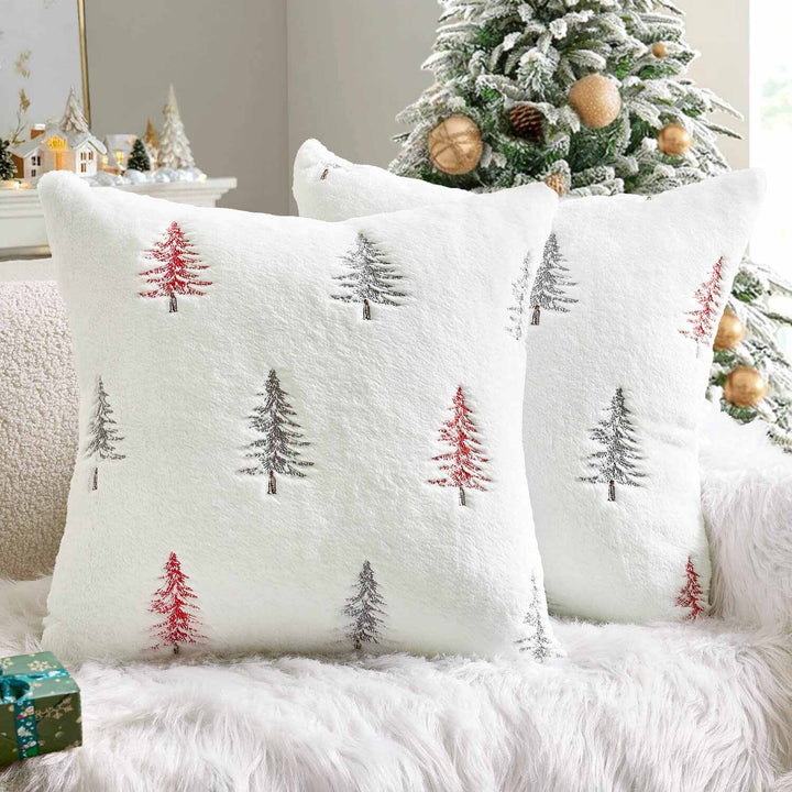 Embroidered Christmas Tree Pillow Covers White Red 18x18-inch