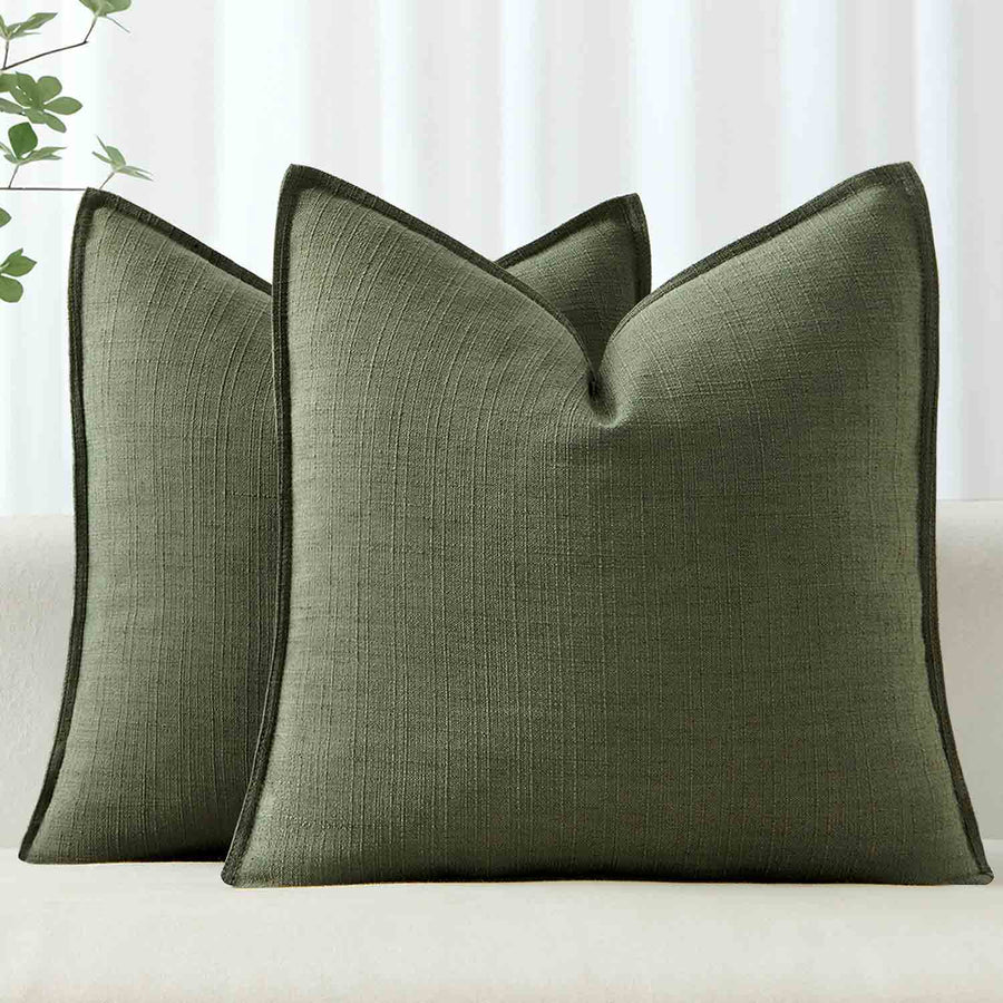 Boho Farmhouse Neutral Linen Throw Pillow Covers Dark Green 18x18-inch