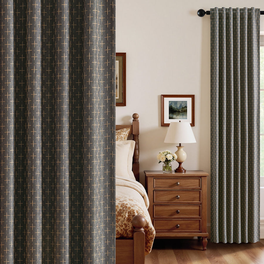 Blackout Linen Curtains with Geometric Pattern Dark Grey 52Wx84L