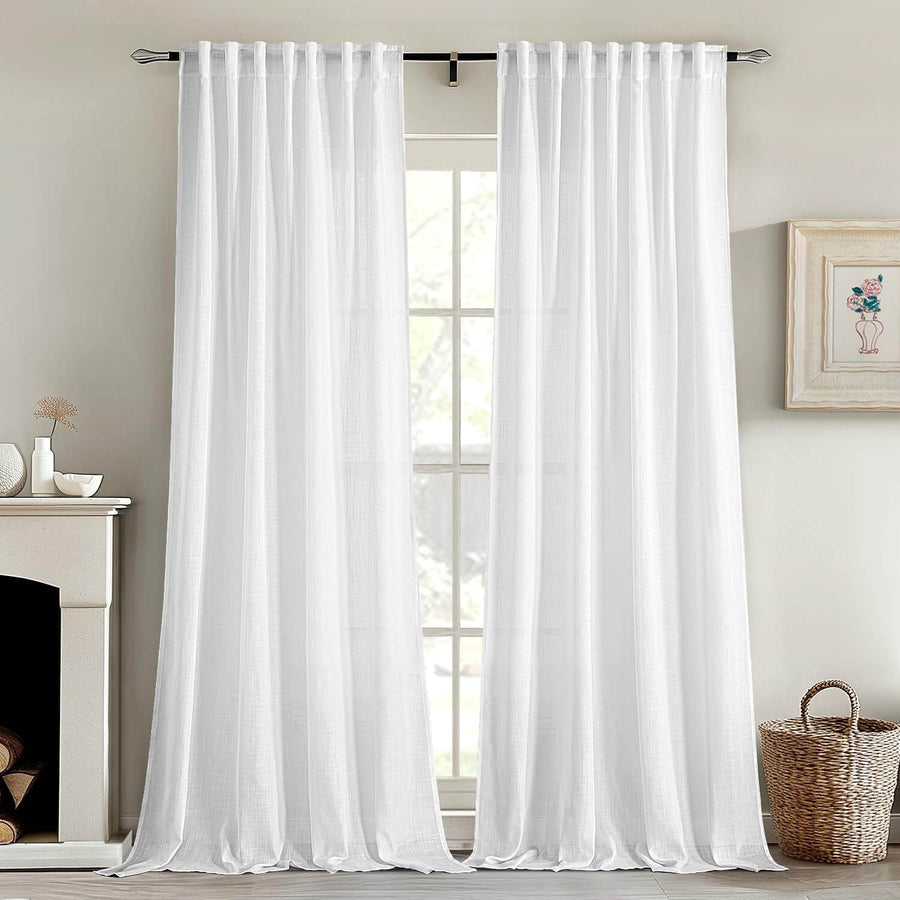 Light Filtering Thick Linen Textured Back Tab Window Drapes White 52Wx105L-inch