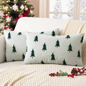 Christmas Tree Chenille Pillow Covers White Dark Green Tree 20x12-inch