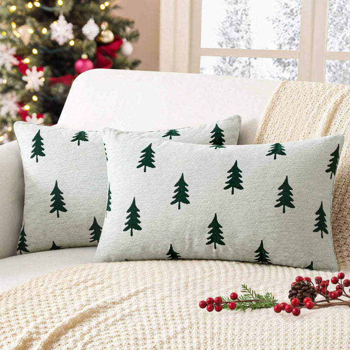 Christmas Tree Chenille Pillow Covers White Dark Green Tree 20x12-inch