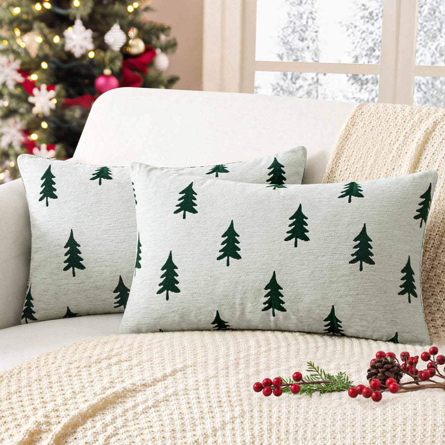 Christmas Tree Chenille Pillow Covers White Dark Green Tree 20x12-inch