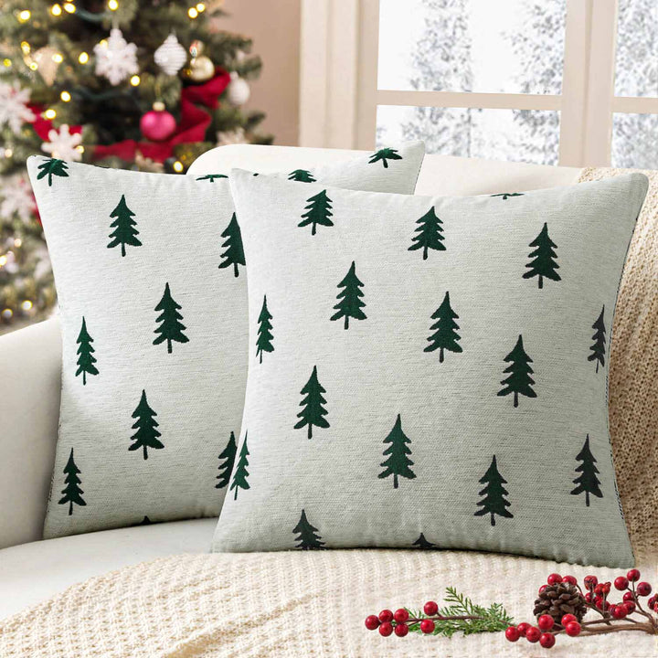 Christmas Tree Chenille Pillow Covers White Dark Green Tree 16x16-inch