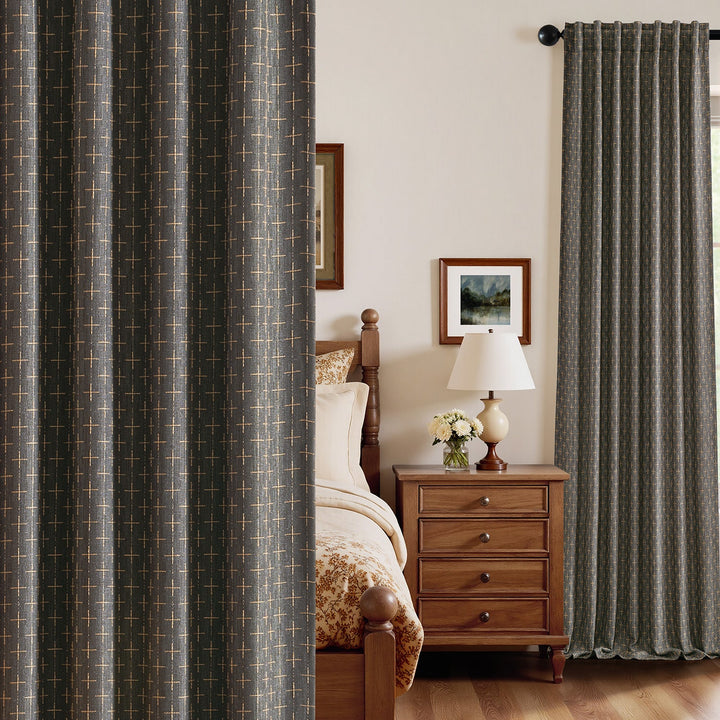 Blackout Linen Curtains with Geometric Pattern Dark Grey 52Wx96L