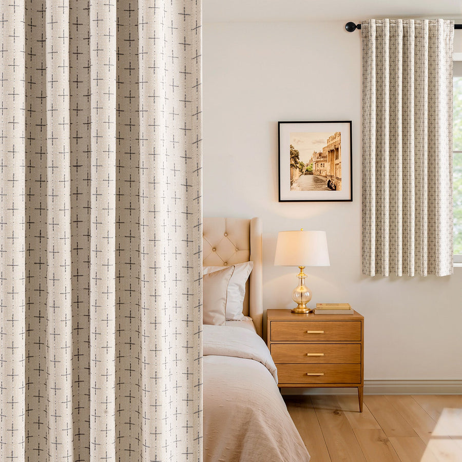 Blackout Linen Curtains with Geometric Pattern Beige 52Wx63L