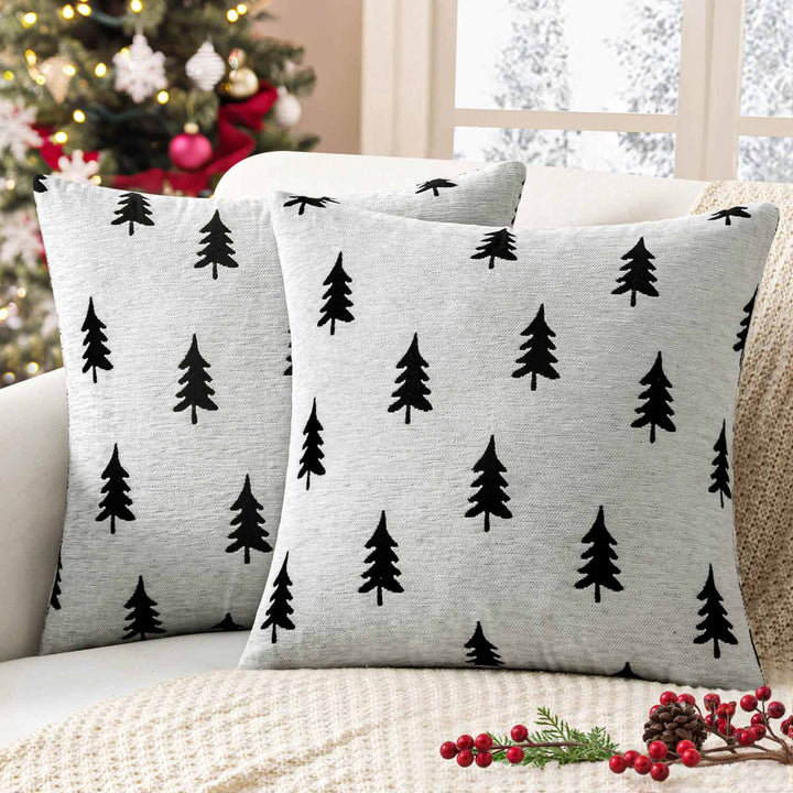 Christmas Tree Chenille Pillow Covers Black White Tree 18x18-inch
