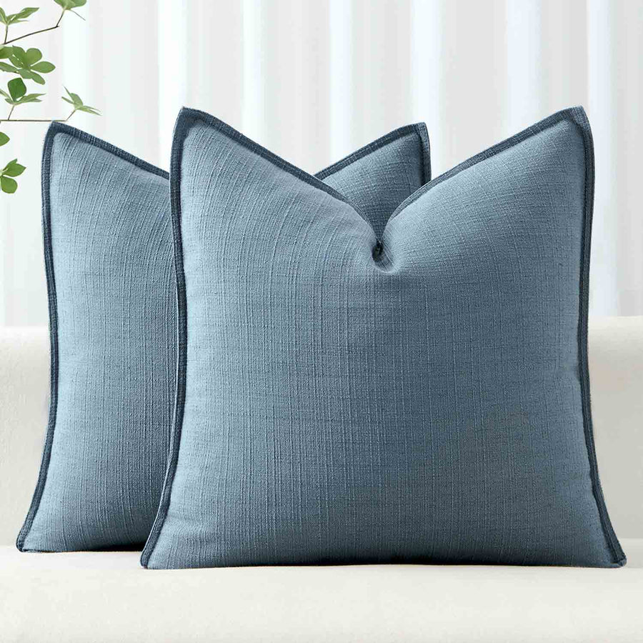 Boho Farmhouse Neutral Linen Throw Pillow Covers Blue 18x18-inch